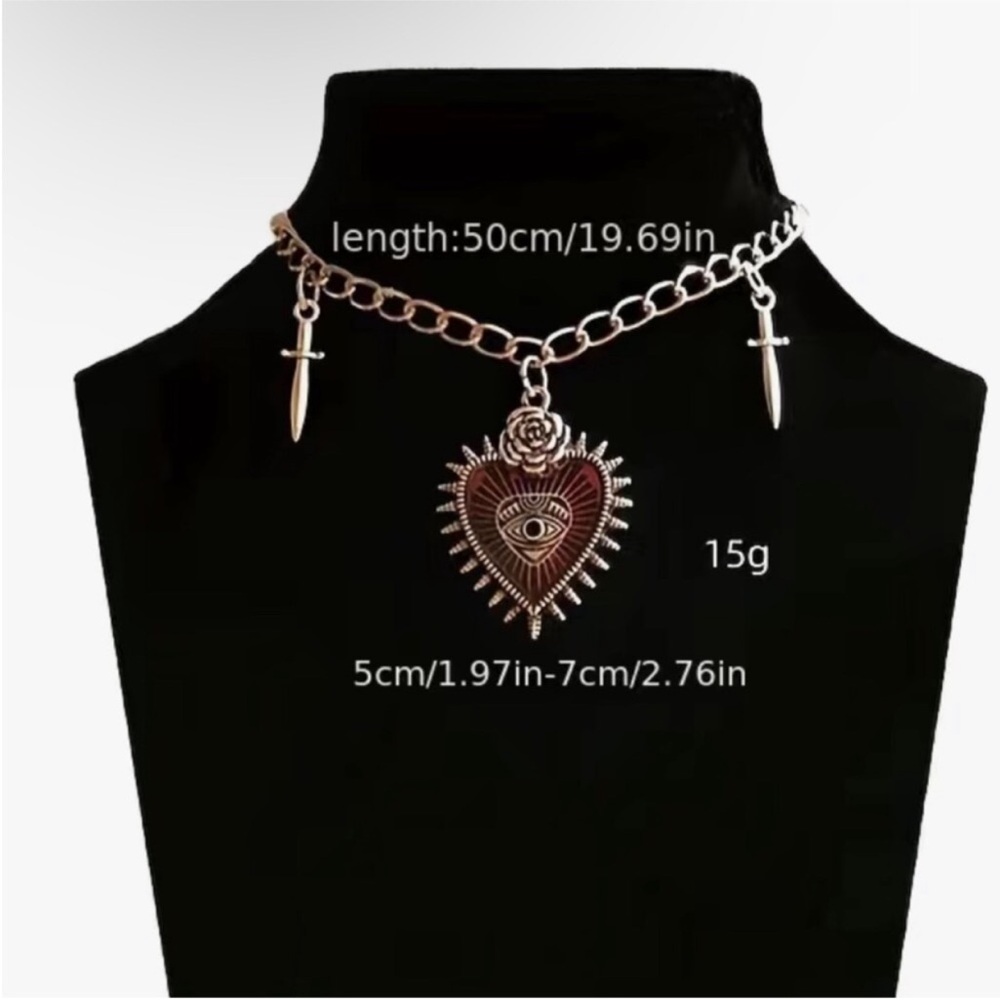 gothic silver-toned choker necklace red heart pendant Devil eye dagger charms. - Picture 2 of 9